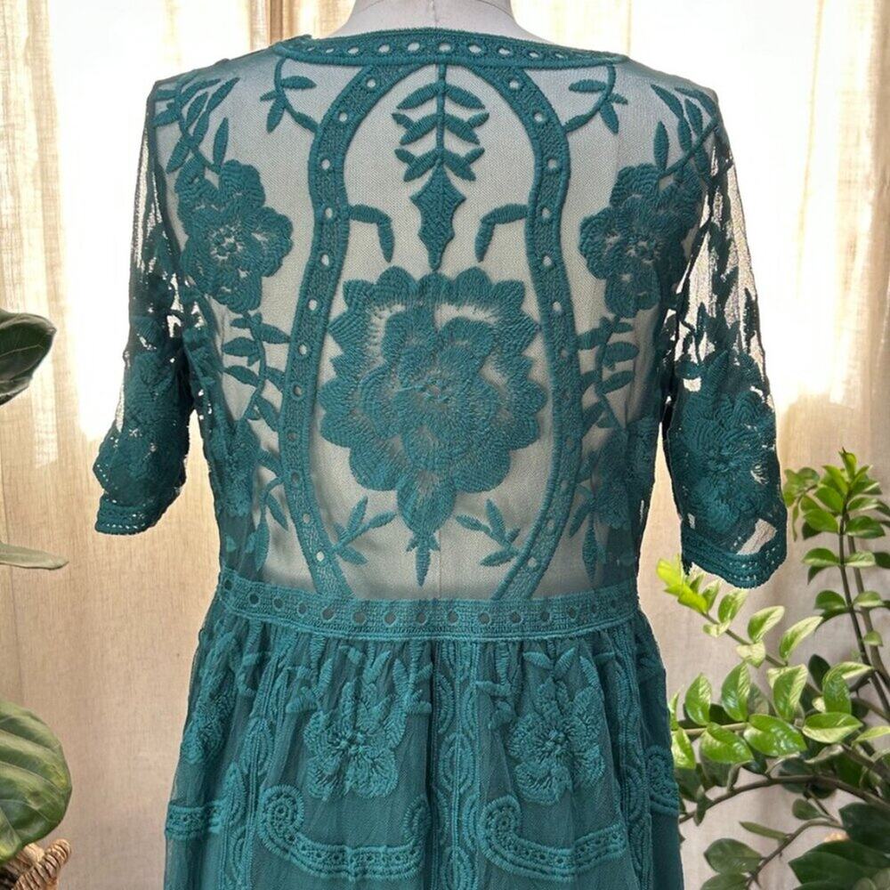 Teal Lace Midi Dress Wedding Guest Sheer Embroidered Boho Romantic Women M